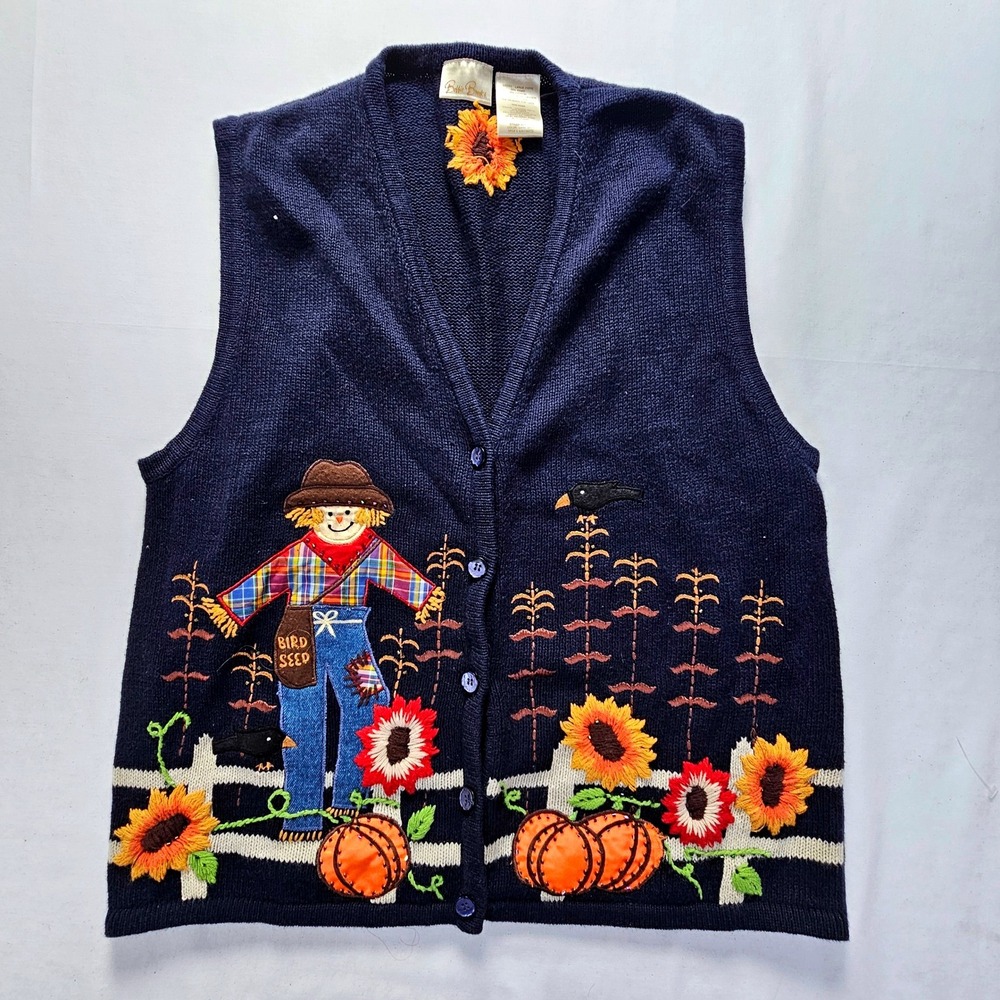 Bobbie Brooks Womens Large Navy Blue Scarecrow Pumpkin Fall Harvest Sweater Vest